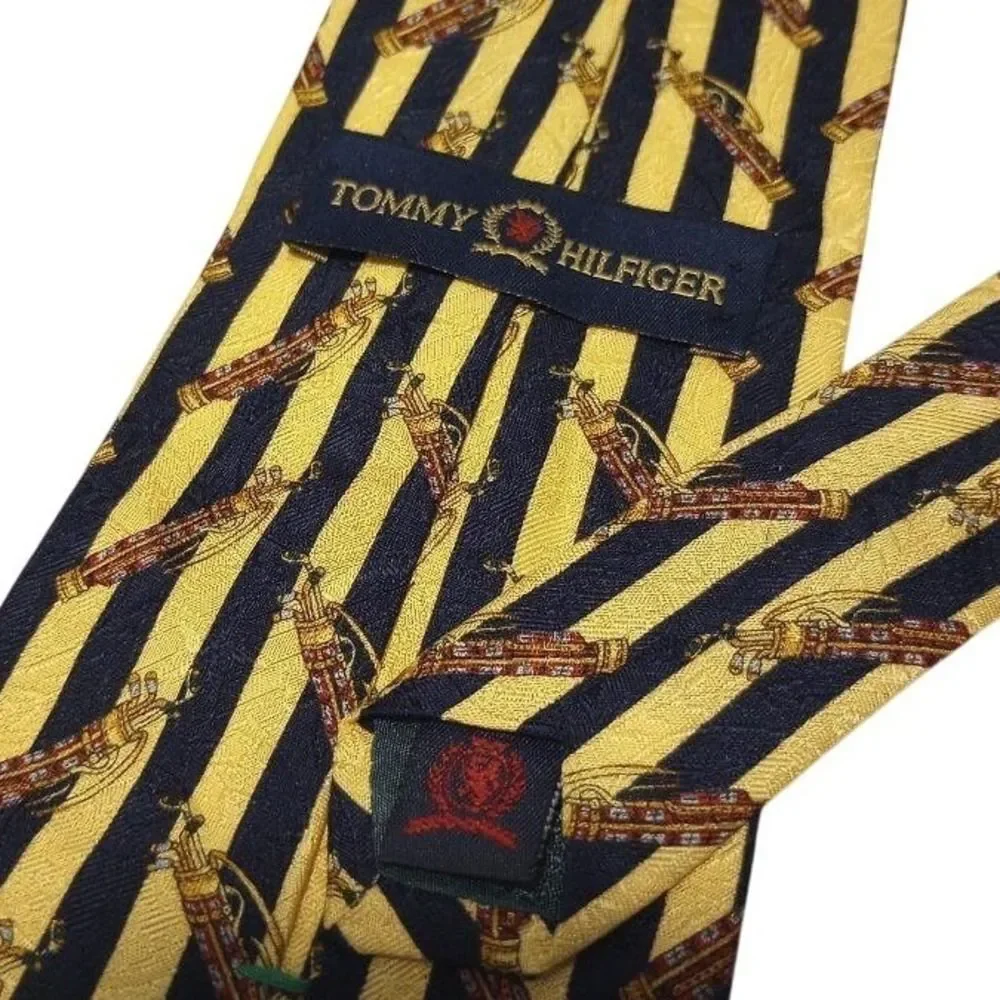 Tommy Hilfiger Men's 100% Silk Tie Gold Navy Golf Bag Stripe‎ Formal